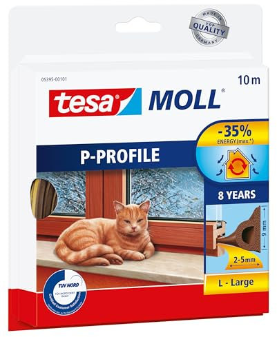 tesa INSULATION Gummidichtung L - Selbstklebende Dichtung zum Isolieren von Spalten an Fenstern und Türen - Braun - 10 m x 9 mm x 5,5 mm