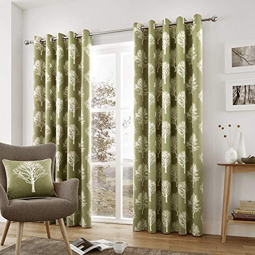 Fusion - Woodland Trees - 100% Cotton Pair of Eyelet Curtains - Green - 90 Width x 90 Drop (229 x 229cm)