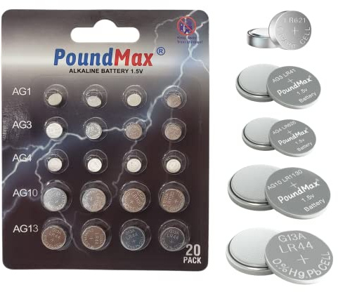 PoundMax AG1 / AG3 / AG4 / AG10 / AG13 Batteries 1.5v Alkaline Battery - 20 Count