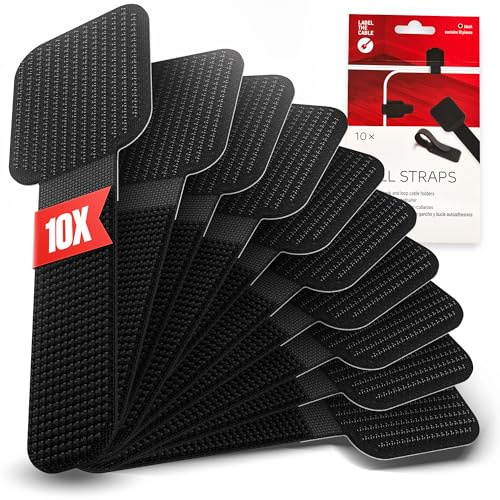 LABEL THE CABLE Clip Fermacavi Autoadesive a Strappo - Organizer Cavi per Pareti e Scrivanie - Ltc Wall Straps - Fermacavi Muro - Confezione da 10 - Nero - Ltc 3110