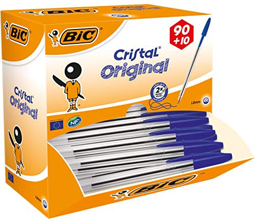 BIC Kugelschreiber Set Cristal Original, in Blau, Strichstärke 0,4 mm, 100er Pack, Ideal für das Büro, das Home Office oder die Schule