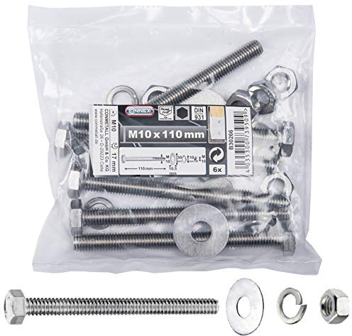 Connex Sechskantschrauben M10 x 110 mm – 6 Stück – Edelstahl | Außensechskant-Antrieb – Für sämtliche Konstruktionen – Inkl. Unterlegscheiben, Federringe und Muttern – Schrauben-Sortiment
