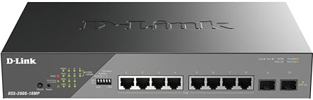 D-Link DSS-200G-10MP/B 10-Port Gigabit PoE+ Smart Surveillance Switch 8x 1000BASE-T PoE+ and 2x SFP, 802.3af/at, 130W PoE budget, Extend to 250m, Fanless, VLAN, QoS, ERPS, ONVIF