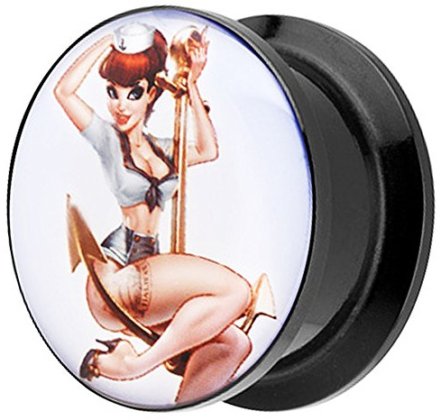 Piersando Ohr Plug Piercing Kunststoff Motiv Comic Picture Flesh Tunnel Ohrplug mit Matrosen Mädchen Anker Schwarz