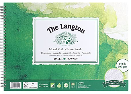 Daler Rowney: Langton: Pad de Hojas de Papel Para Acuarelas, 14in x 10in, NOT (Sin Textura) 12 Hojas 300gms. (Espiraladas)