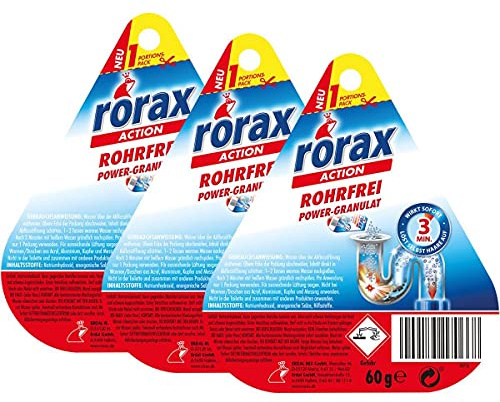 3x rorax Rohrfrei Power-Granulat Portionspack 60g - Wirkt sofort & löst selbst Haare auf