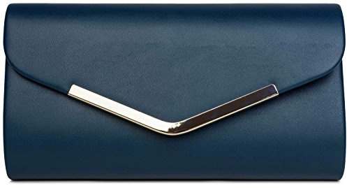 styleBREAKER Damen Clutch Abendtasche Envelope Kuvert Design mit Metall Zierleiste und abnehmbarer Kette 26 x 5,5 x 14,5 cm, Farbe:Dunkelblau