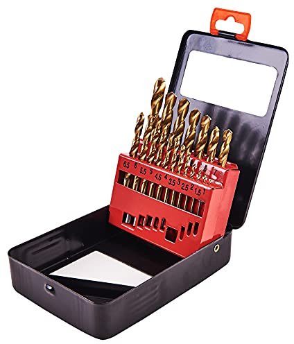 Amtech - 19pc Titanium Coated Drill Bit Set, rapid cutting with long tool life for wood, plastics & mild steel, organised metal case for site carry, sizes 1–10mm