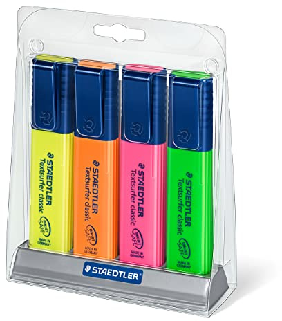 STAEDTLER Textsurfer Classic Highlighters - 4 Colors Rainbow Set with Stand, Ultra-Soft Chisel Tip, Fast-Drying Ink, Large Reservoir for Extended Use