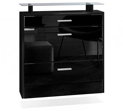 Vladon Schuhschrank Malea, hängender Schuhkipper für 16 Paar Schuhe mit 2 Klappen und 1 Schublade und Glasablage, Schwarz matt/Schwarz Hochglanz (89 x 96 x 23 cm)