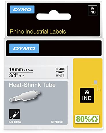 DYMO Rhino Industrie Schrumpfschlauch-Kabeletiketten | 19 mm x 1,5 m | schwarze Schrift auf weißem Untergrund | selbstklebend