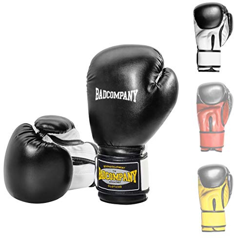 Bad Company boxhandskar av konstläder med ventilationssystem och brett box-bandage med kardborrlås i olika färgkombinationer för boxträning, sparring och sparklådor I viktklasser 35 ml – 40 ml Svart-vit 12 Unzen (oz)
