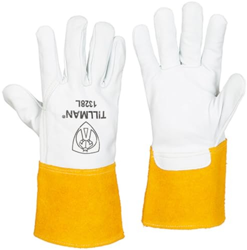 John Tillman and Co Tillman Large 13 Pearl and Gold Top Grain Goatskin Unlined TIG Welders Gloves with 4 Cuff and Kevlar Thread Locking Stitch (Carded), 1328L