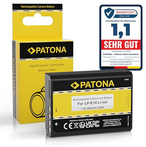 PATONA LP-E10 Akku (860mAh 6.4Wh 7.4V) Ersatzakku kompatibel mit Canon EOS 1100D 1200D 1300D 2000D 4000D Rebel T3 T5 T6 T9 Kiss X50 X70 X80 1DX 1D X Mark II LP E10 LPE10