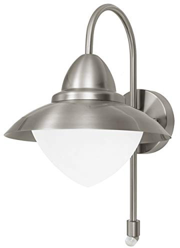 EGLO Außen-Wandlampe Sidney, 1 flammige Außenleuchte, Sensor-Wandleuchte aus Edelstahl, Glas: Weiß, opal-matt, Silber, E27 Fassung, inkl. Bewegungsmelder, IP44