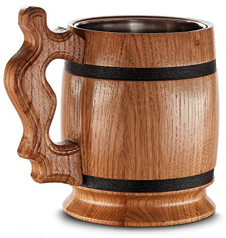 Gran Jarra de Cerveza de Madera – Roble – Confección Artesana con Materiales de Calidad – Revestida con Metal – Resistente – Robusta – Duradera