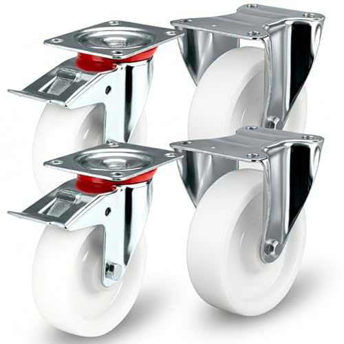 Transportrollen Set 75mm Schwerlastrollen Laufrollen Lenkrollen mit Bremse 360° Grad drehbar Bockrollen Weiß 50 Kg Traglast pro Rolle Industrierollen von PRIOstahl für Werkbank