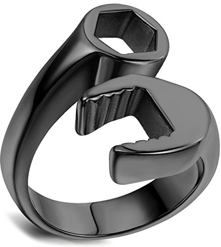 Flongo rostfritt stål nyckel mekanisk skiftnyckel verktyg polerad män cyklist ring band, färger silver svart guld, Rostfritt stål