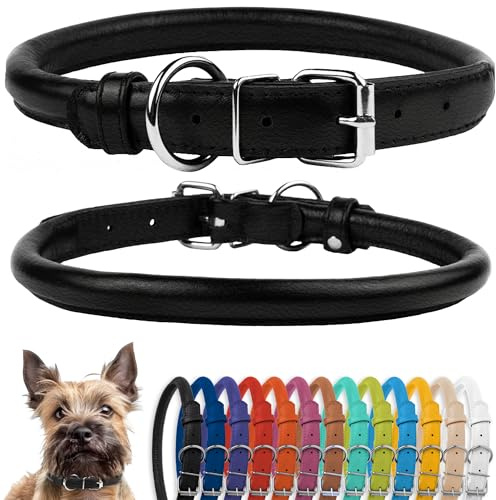 CollarDirect Rundes Leder Hundehalsband, weich gepolstert gerollt, handgefertigtes Echtleder Halsband für Hund Welpe Katze Klein Groß Schwarz Rosa Rot Lila Blau