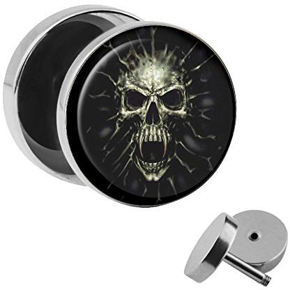 Treuheld® | Totenkopf Ohrstecker - Screaming Skull | 10mm | Chirurgenstahl 316L | Gothic Motiv Fake Plug Ohrring mit Gewinde zum Schrauben | Schwarz