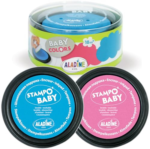 Aladine - 2 Encreurs XXL Bleu & Rose - Pour Tampons Bébé - Grande Taille - Pour Enfant 2 ans – Encre Lavable – Dès 18 mois, Rose & Turquoise