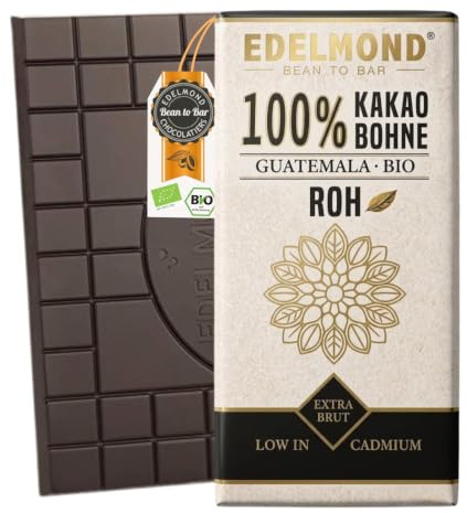 Edelmond Bio Roh-Schokolade 100%, 1 Tafel, naturbelassen bitter, Rohkost | Aus roher Edelkakaobohne gewalzt, ohne weitere Zutaten, kompromisslos bitter, vegan und handgemacht bgesüßt nur mit Früchten