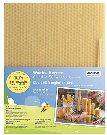GLOREX 6 8605 149 - Wachswaben im Set, 3 Platten aus Bienenwachs und Paraffin gemischt, inklusive 1 gewachster Docht, zur Herstellung von Wabenkerzen