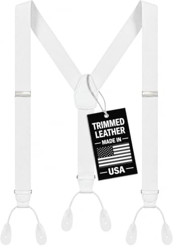 HOLD'EM Tuxedo Button Suspenders for Men – Black Mens Dress Suspenders | 100% Genuine Leather | Formal Daily Use | Made in USA | Regular 32–46 Tall 40–54 | White (Tall 54 Long)