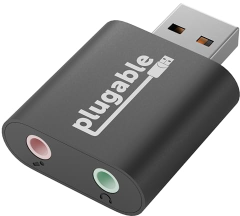 Plugable USB Audio Adapter with 3.5mm Speaker-Headphone and Microphone Jack, Add an External Stereo Sound Card to Any PC, Compatible with Windows, Mac, and Linux - Driverless