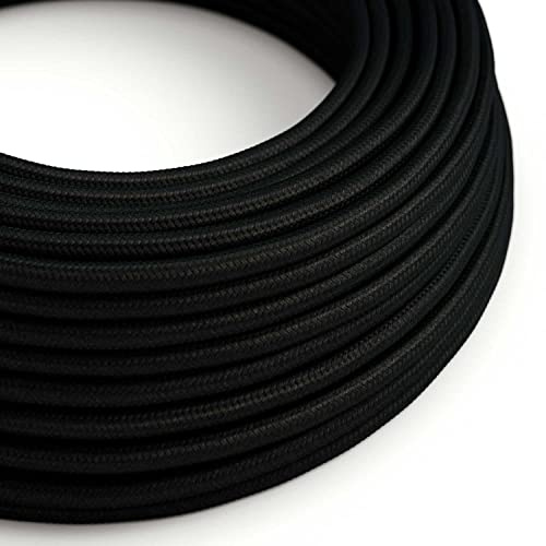 creative cables Fil Électrique Rond Gaine De Tissu De Couleur Effet Soie Tissu Uni Noir RM04-5 Mètres, 3x0.75