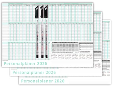3 Stück Urlaubsplaner/Personalplaner 2026 nass abwischbar mit Folienkaschierung + 3 Folienstifte - DIN B1 Format (1000 x 700 mm) 22 Mitarbeiter Januar bis März Folgejahr mit Schulferien (gerollt!)