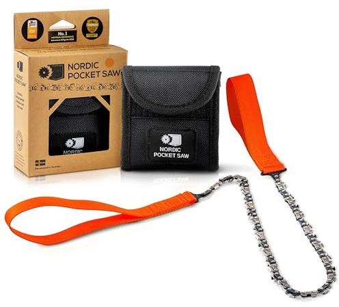 Nordic Pocket Saw Motosierra de Mano - Sierra de Cadena 65 cm con Asas de Nailon - Sierra Manual de Bolsillo Portátil - Sierra Supervivencia Acampada Senderismo - Versión ORIGINAL 33 Dientes