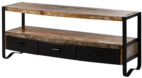 MASSIVMOEBEL24.DE | Industrial massives TV-Board #05 - Mehrfarbig, lackiert aus Altholz Eisenelemente Vintage-Look 145x43x60cm 2 Schubladen - 1 offenes Fach Lowboard