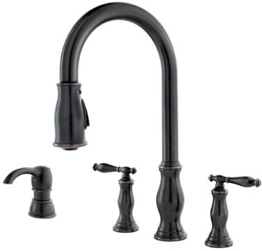 Pfister Hanover Kitchen Sink Faucet with Pull Down Sprayer and Soap Dispenser, 2-Handle High Arc Design, 4-Hole Installation, Tuscan Bronze Finish for Kitchen Sink F5314HNY