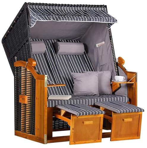 MR. DEKO® Strandkorb Ostsee 2-Sitzer Anthrazit | Volllieger Gartenmöbel | Polyrattan Hartholz | Komfortabler Sonnenkorb für Terrasse und Balkon | Inkl. 2 Klapptische und Kissen Royal Anthrazit