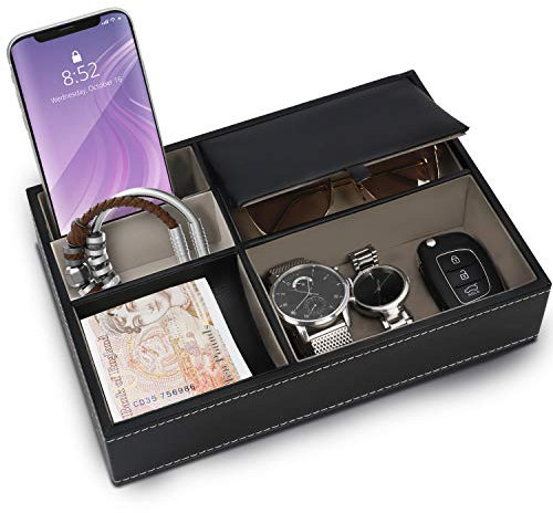 Belle Vous Aufbewahrungsbox, Kunstleder, 5 Fächer, Nachttisch-Organizer, Tablett – Schreibtisch-Aufbewahrungsbox für Geldbörse, Telefon, Schlüssel, Schmuck, Herren-Accessoires, Geld, Manschettenknöpfe