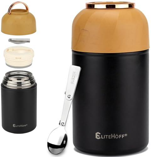 EliteHoff Thermobehälter für Essen, 1 L, Wärmebehälter für Speisen aus Edelstahl mit Löffel, Auslaufsicherer, Isolierter Lebensmittelbehälter für Suppen, Eintöpfe, Kaffee (Schwarz, 1 L)