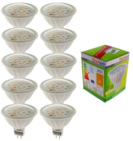Trango 10er Set MR1615 LED Leuchtmittel 6 Watt 450 Lumen 12-Volt 3000K warmweiß mit MR16 I GU5.3 I G4 Fassung zum Austausch herkömmlicher Halogen Glühlampe, Reflektor Lampe, LED Birnen