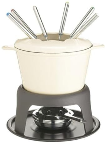 MasterClass Fondue-Set aus Gusseisen, Fondue-Topf mit 6 Gabeln und emaillierter Schüssel aus Gusseisen, hervorragende Wärmespeicherung und einstellbarer Brenner, Geschenkpackung, cremefarben, 21x18cm