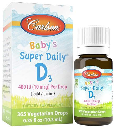 Carlson - Baby's Super Daily D3, Baby Vitamin D Drops, 400 IU (10 mcg) per Drop, 1-Year Supply, Vegetarian, Liquid Vitamin D Drops for Infants and Toddlers, Unflavored, 365 Drops