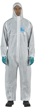 Ansell AlphaTec 1500 Model 111, Mono de Trabajo Desechable, Protección Quimica Tipo 5/6, Traje Integral y Repelente al agua Multiuso, Bricolaje e Mecanica, Hombre Mujer, Blanco, Talla M (1 Unidad)