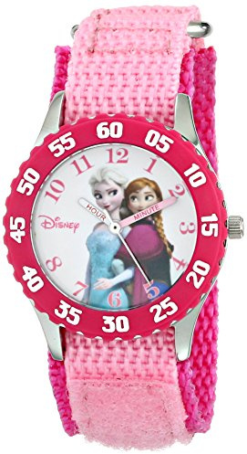 Disney Frozen Kids' Bezel Stainless Steel Time Teacher Analog Nylon Strap Watch, Pink/Dark Pink