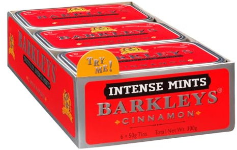 Barkleys Rosso Caramelle Cannella. Confezione da 6 Lattine. Ogni Lattina contiene 50 grammi di confetti alla Cannella. Senza derivati del latte, Glutine, Uova, Soia e sostanze animali. Adatto a Vegetariani e Vegani. Da collezionare.