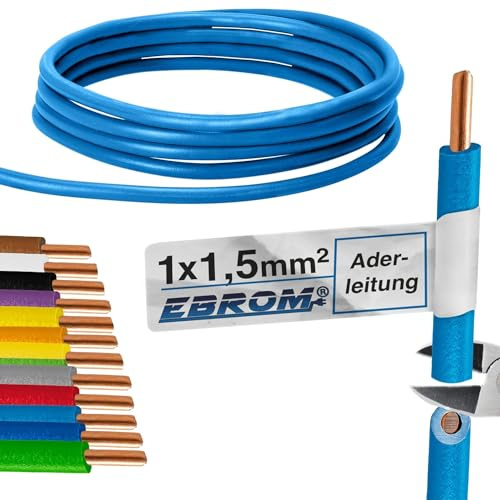 EBROM Aderleitung Einzelader STARR - H07V-U 1,5 mm² Farbe: HELLBLAU, 100 m | 1,5 mm2 -> 100 Meter RING, Massivleiter eindrähtig, Verdrahtungsleitung, Installationsdraht, Schaltdraht, PVC Ader