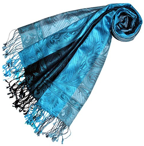 Lorenzo Cana Luxus Pashmina damhalsduk jacquardvävd 100 % siden 70 cm x 190 cm parallellmönster tuerkis blå sidenhalsduk sidenduk sidenpashmina harmoniska färger 78174