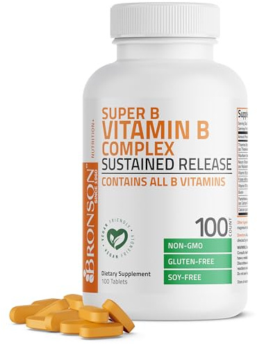Bronson Super B Vitamin B Complex Sustained Slow Release (Vitamin B1, B2, B3, B6, B9 - Folic Acid, B12) Contains All B Vitamins 100 Tablets