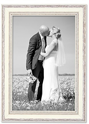 Bilderrahmen Shabby-Chic Landhaus-Stil Weiss 20x30 cm Massivholz mit Glasscheibe und Zubehör/Fotorahmen