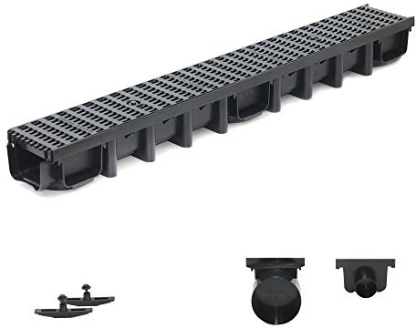 1m Entwässerungsrinne Belastungsklasse B125, 98mm komplett SET Stegrost Kunststoff (schwarz)