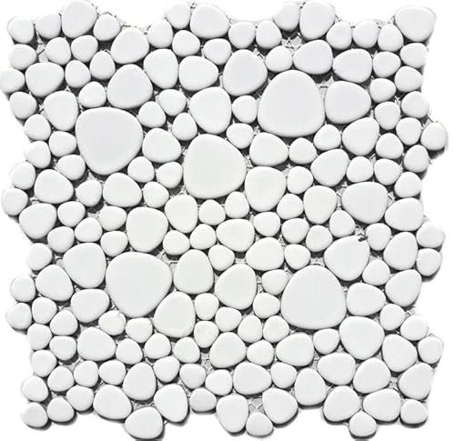 Mosaik Fliese Keramik Kiesel weiß glänzend für BODEN WAND BAD WC DUSCHE KÜCHE FLIESENSPIEGEL THEKENVERKLEIDUNG BADEWANNENVERKLEIDUNG Mosaikmatte Mosaikplatte