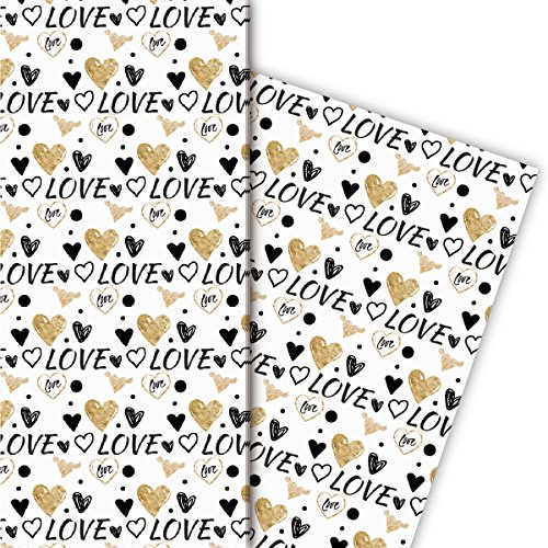 Kartenkaufrausch Romantisches Liebes Geschenkpapier Set mit Herzen auch zum Valentinstag, schwarz auf weiß 4 Bögen, 32 x 47,5 cm Dekorpapier, Musterpapier zum Einpacken, zum Basteln